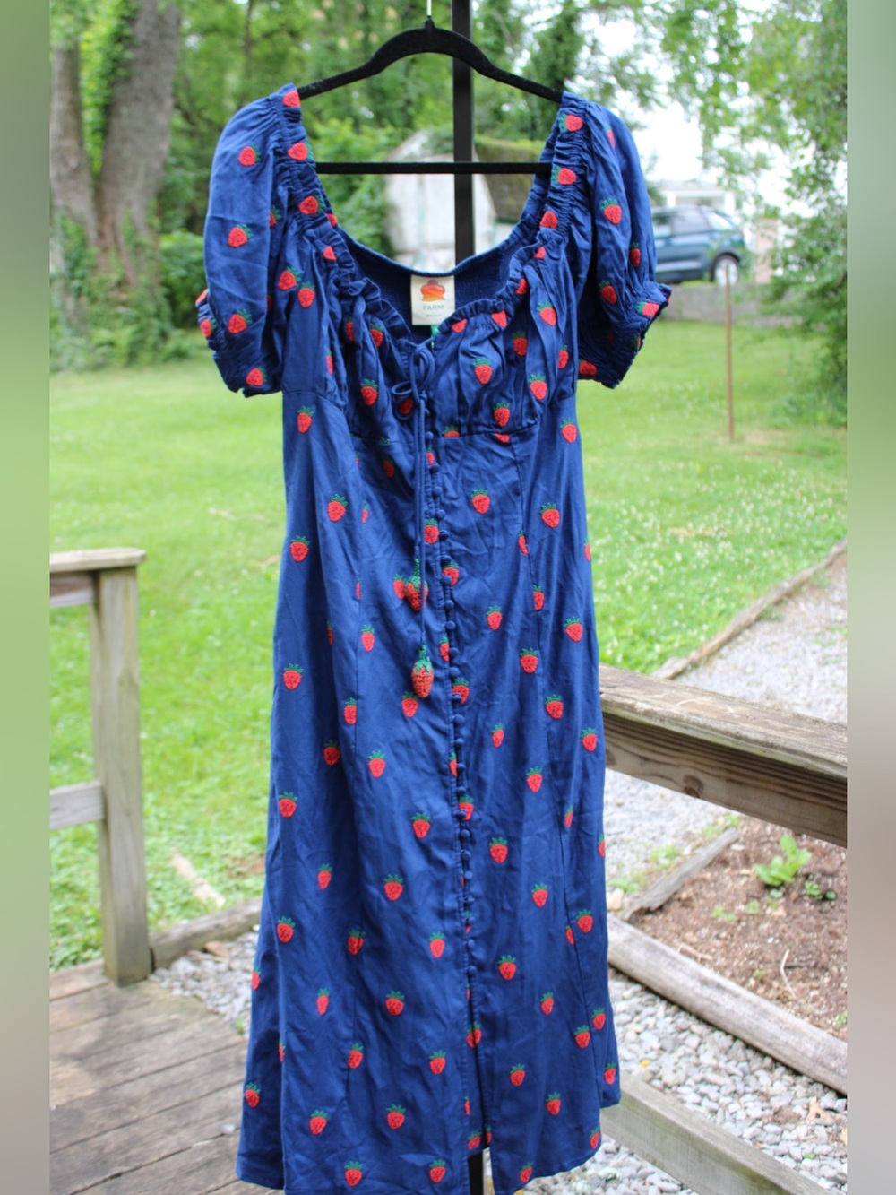 Farm Rio Strawberry Embroidered Mini Dress 🍓💙 | Size M | NWT | MSRP $275